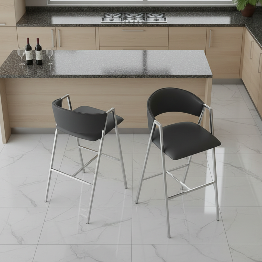 Modern Silver-Framed Black Leather Bar Stools - Image 2