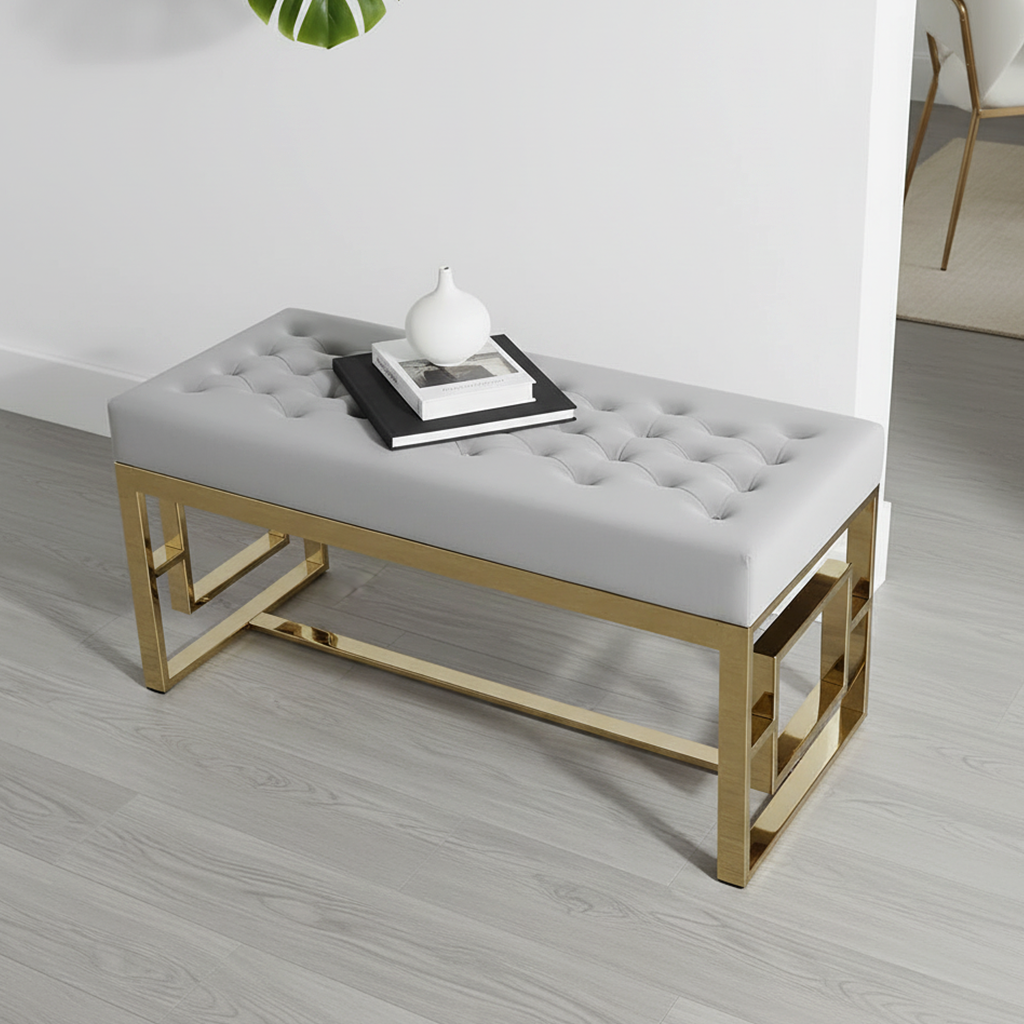 Modern Gold Geometric Square-Base Tufted Grey Bench - Image 2