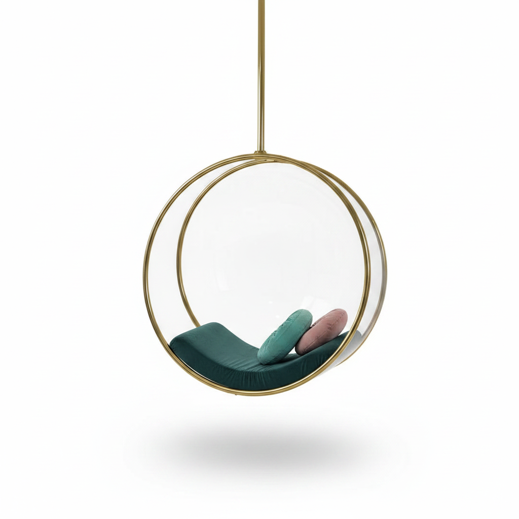 Modern Transparent Acrylic Globe Hanging Chair with Gold Finish & Deep Teal Velvet Cushion - Image 3