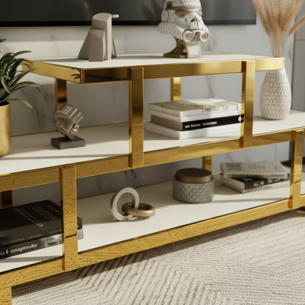 Luxury Marble Top TV Unit – Modern Gold Stainless Steel Media Console with Fluted Texture & Rounded Edges - Image 5