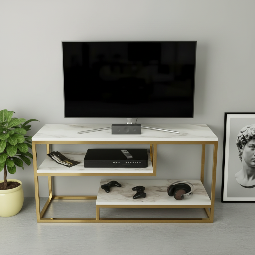 Luxury Modern White Marble TV Stand – Elegant Gold Stainless Steel Frame Media Console with Integrated Floating Shelf Design - Image 4