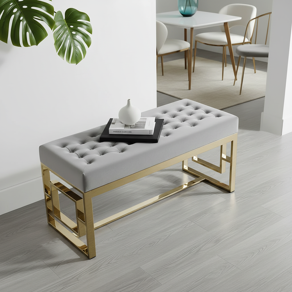Modern Gold Geometric Square-Base Tufted Grey Bench - Image 3
