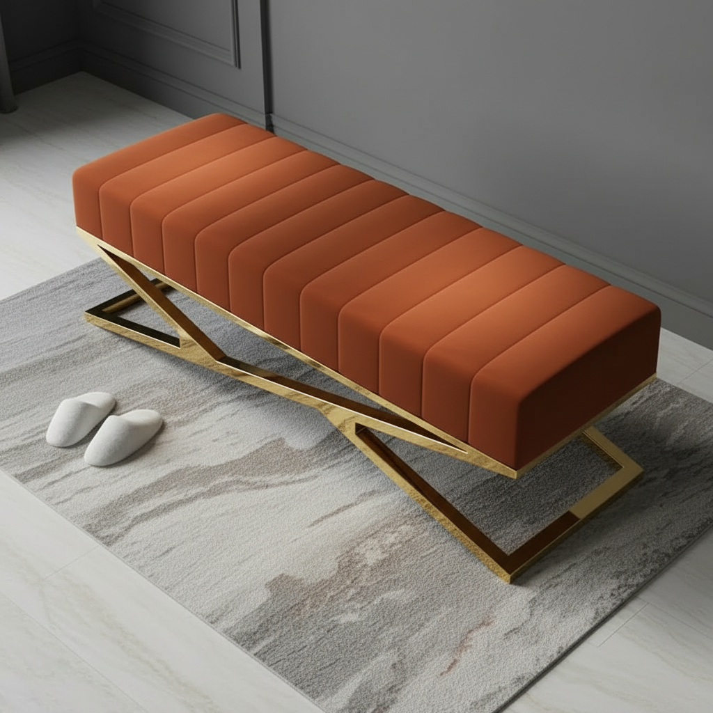 Modern Gold Z-Frame Channel-Tufted Rust Orange Bench - Image 3