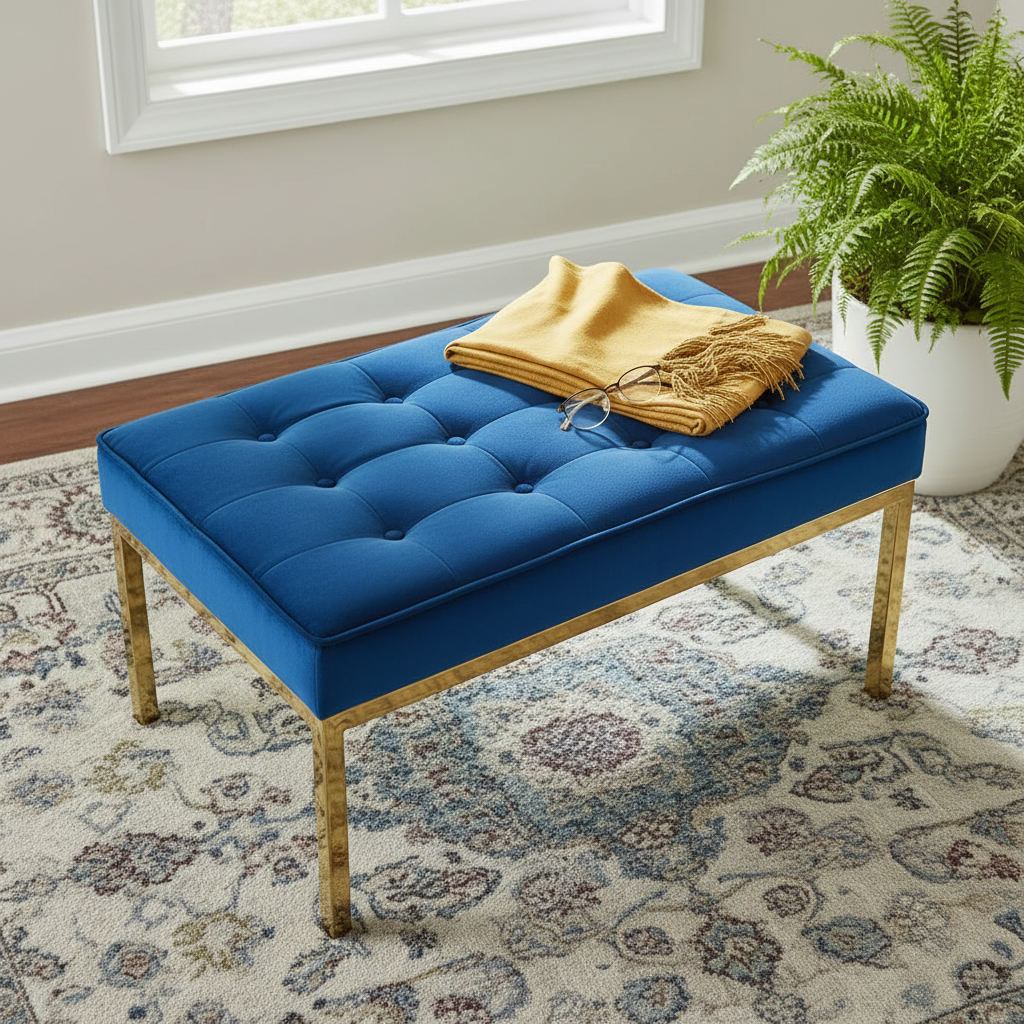 Modern Gold-Framed Royal Blue Velvet Tufted Bench - Image 3