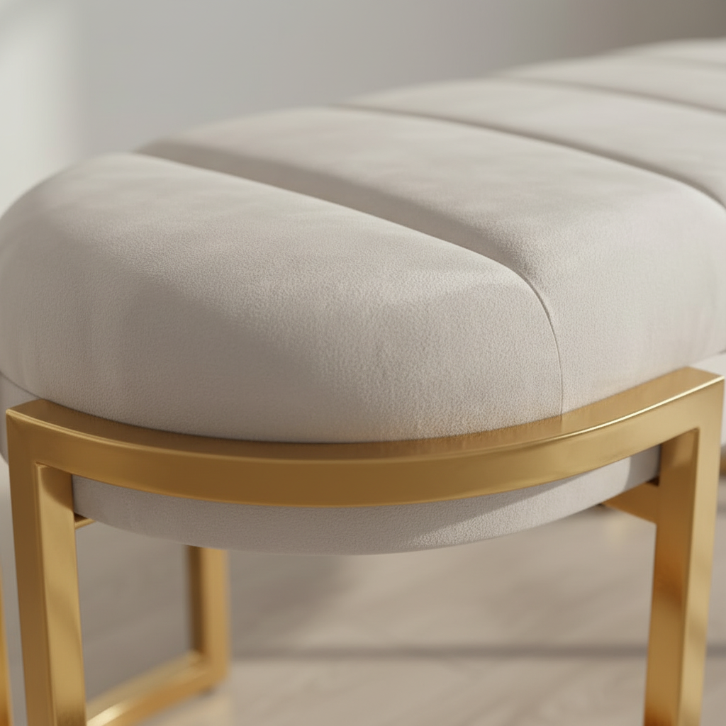 Modern Gold-Framed Ribbed Grey Fabric Bench - Image 3