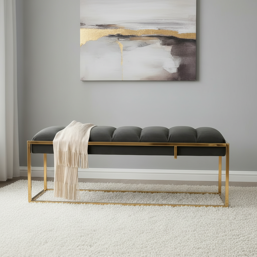 Modern Gold-Framed Channel-Tufted Charcoal Fabric Bench - Image 3