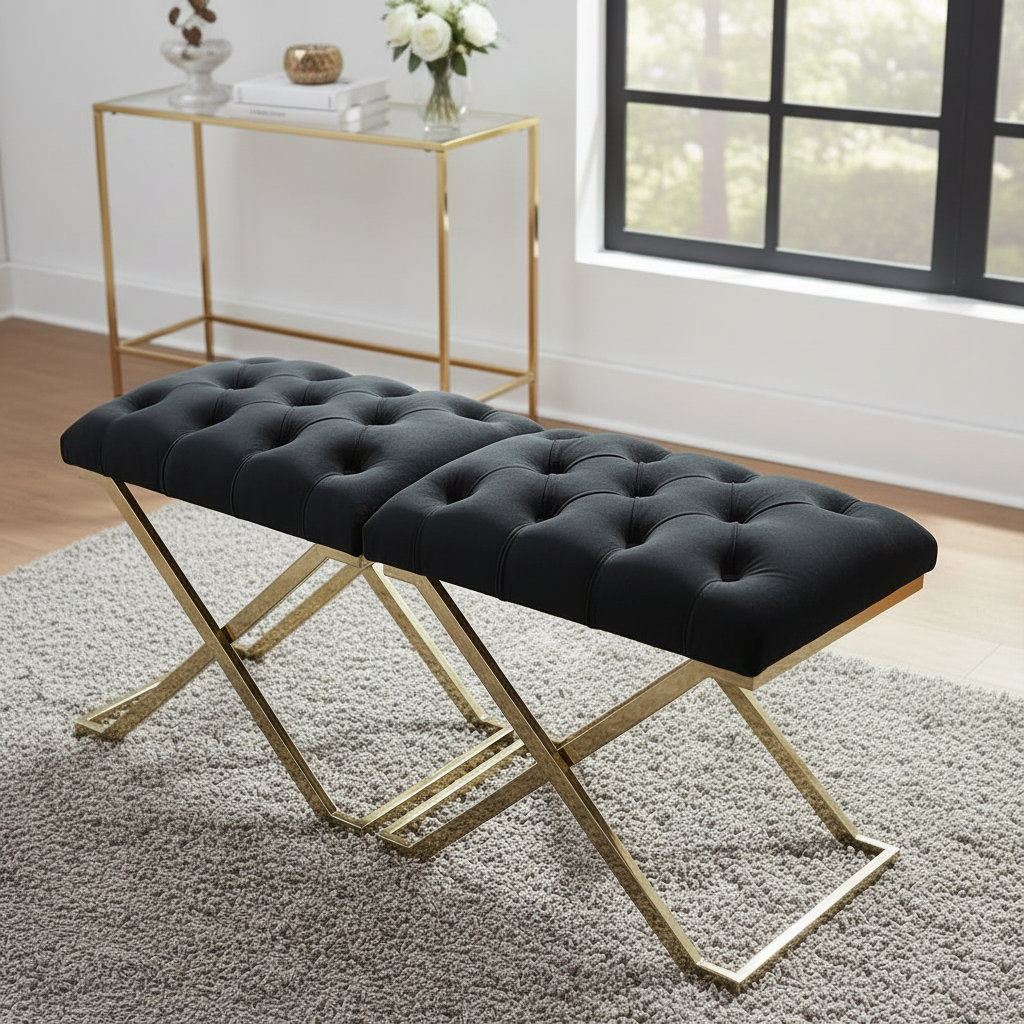 Modern Gold X-Frame Tufted Black Velvet Bench - Image 2