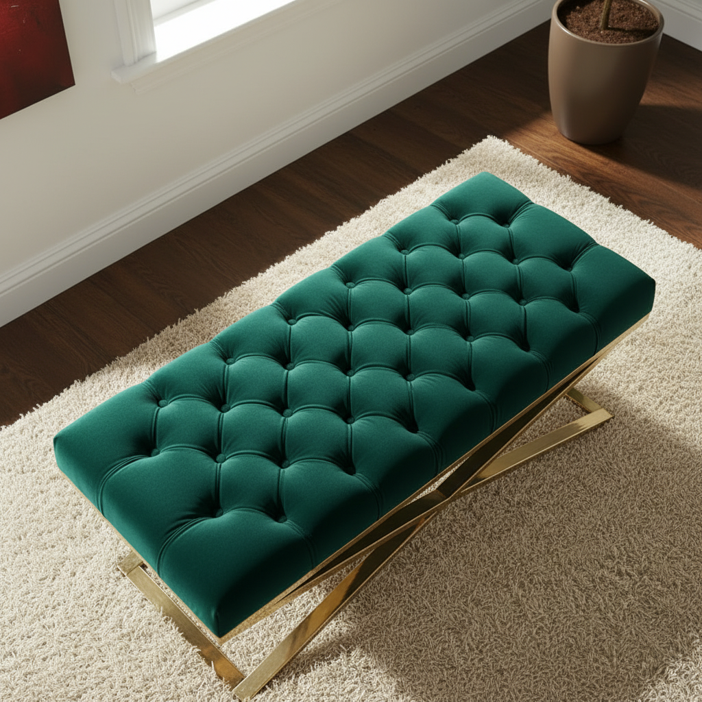 Modern Gold X-Frame Tufted Emerald Green Velvet Bench - Image 3