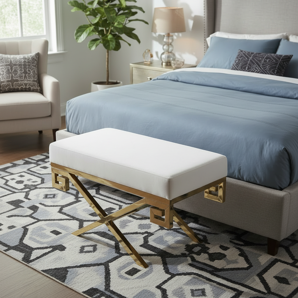 Modern Gold Greek-Key X-Frame White Fabric Bench - Image 3