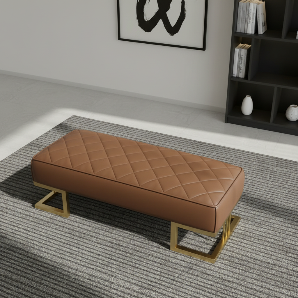 Modern Gold-Framed Diamond-Quilted Brown Leather Bench - Image 3