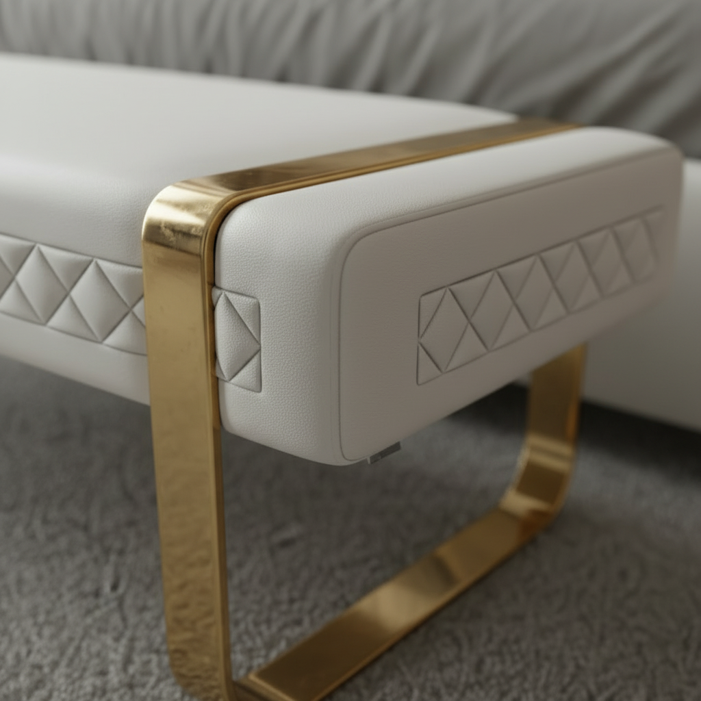 Modern Gold-Framed Diamond-Stitched White Leather Bench - Image 3