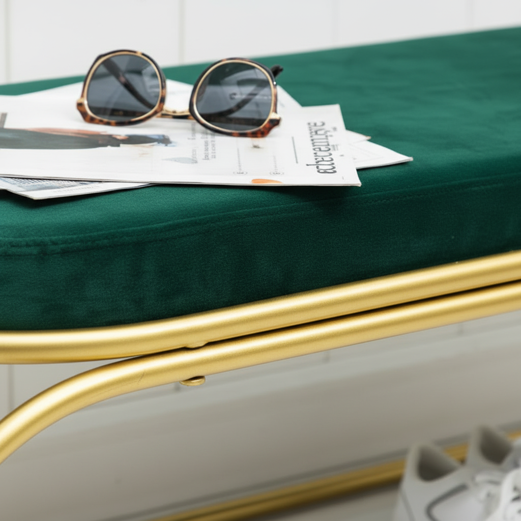 Modern Gold-Framed Emerald Green Velvet Oval Bench - Image 3
