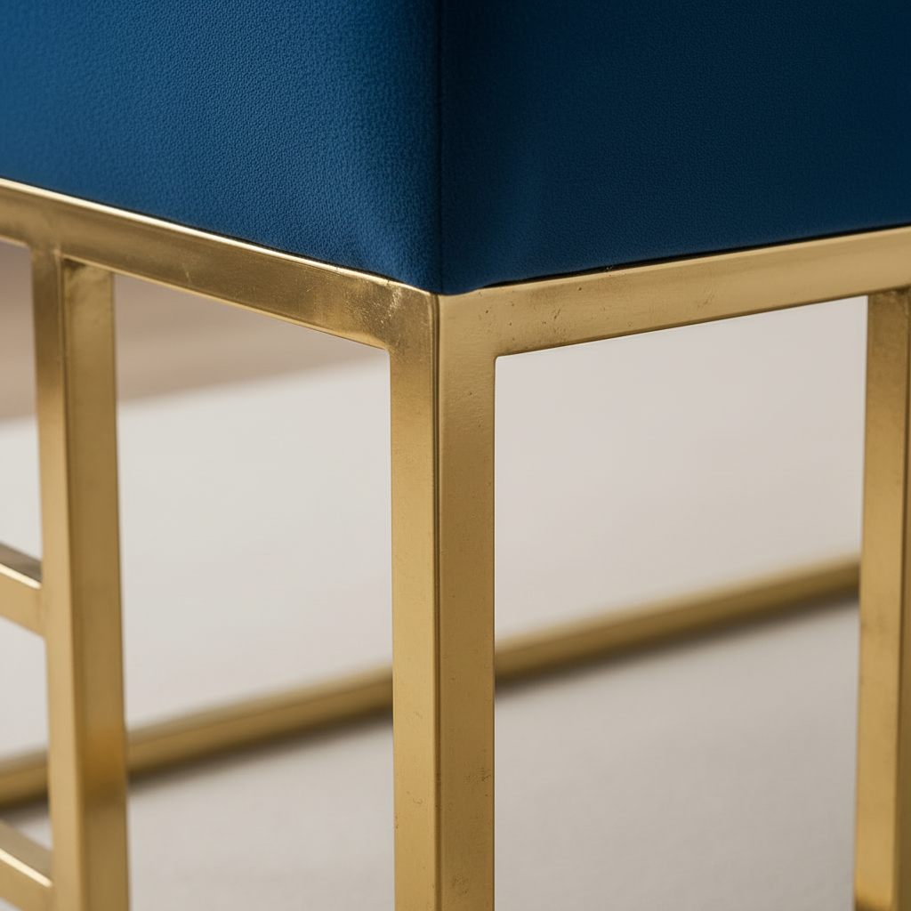 Modern Gold Geometric Square-Base Royal Blue Velvet Bench - Image 3