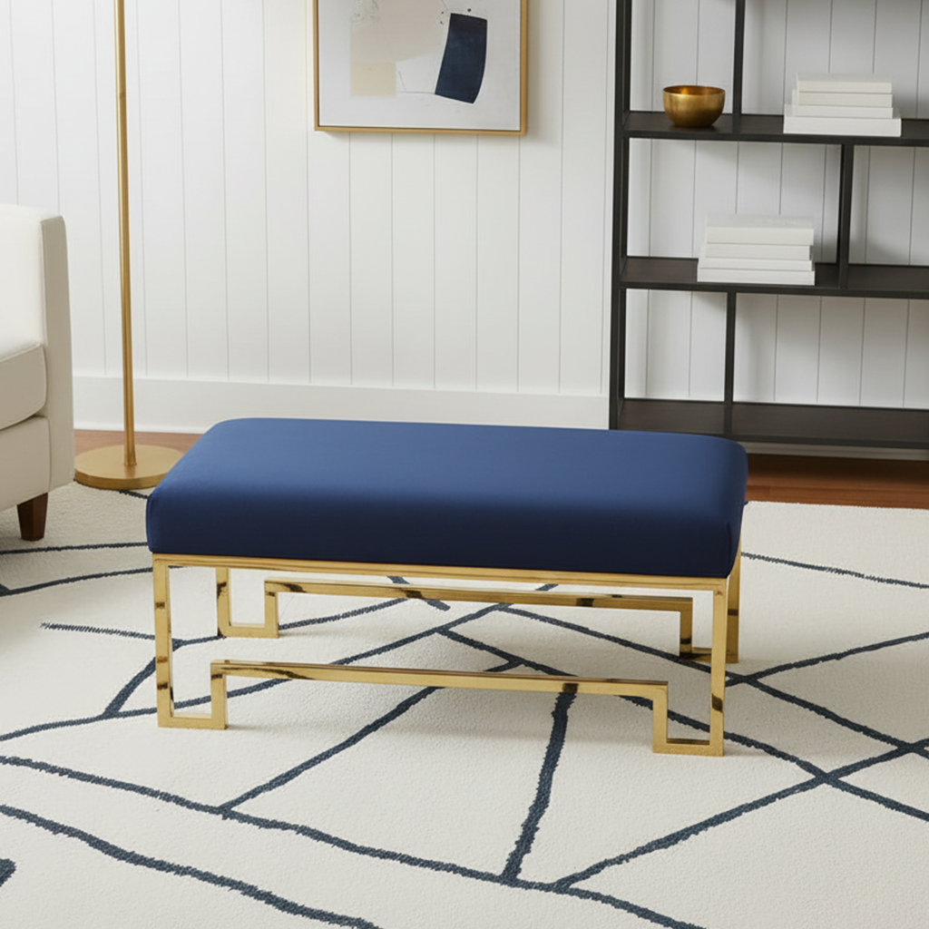 Modern Gold Geometric-Base Royal Blue Velvet Bench - Image 3