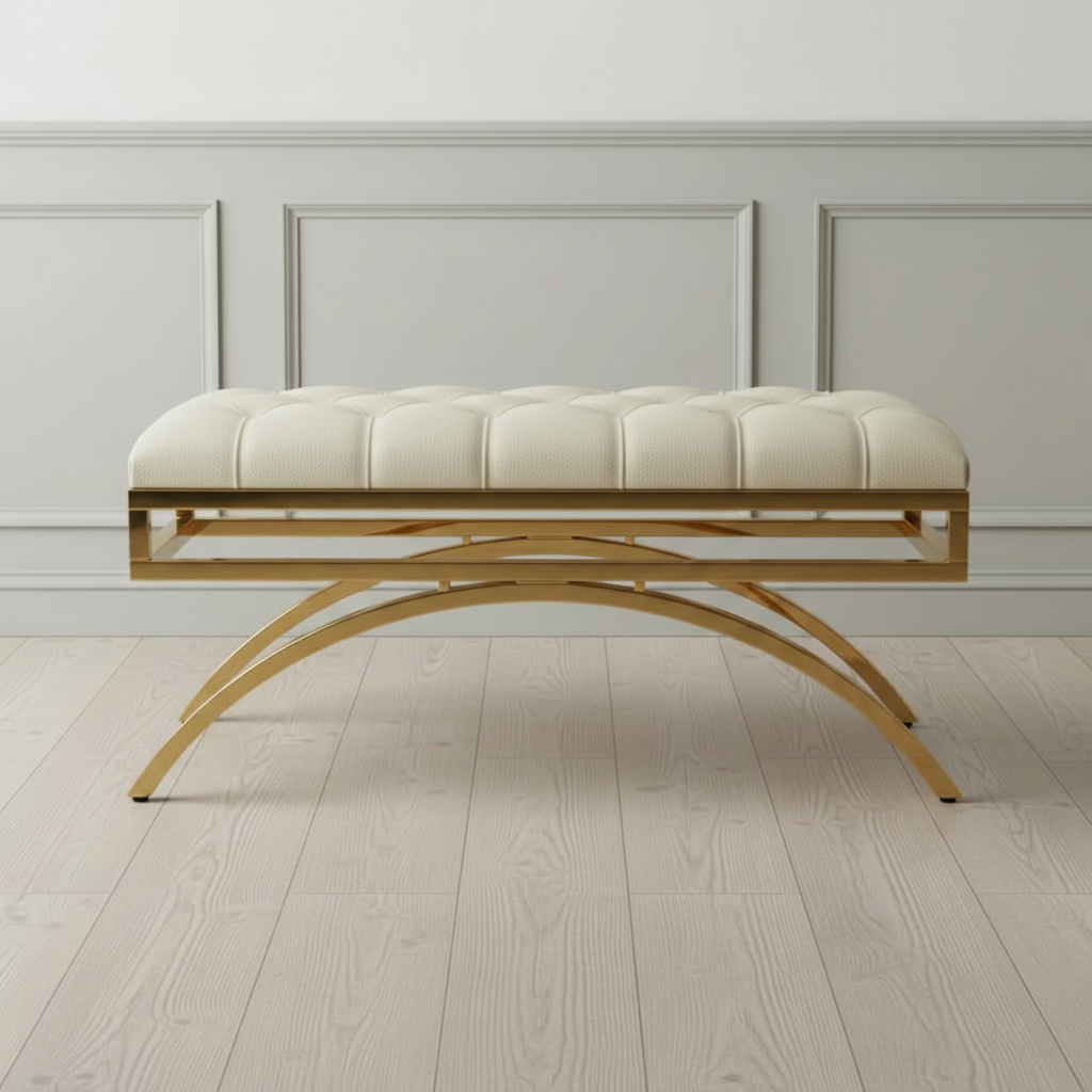 Modern Gold Arched-Frame Tufted White Leather Bench - Image 3