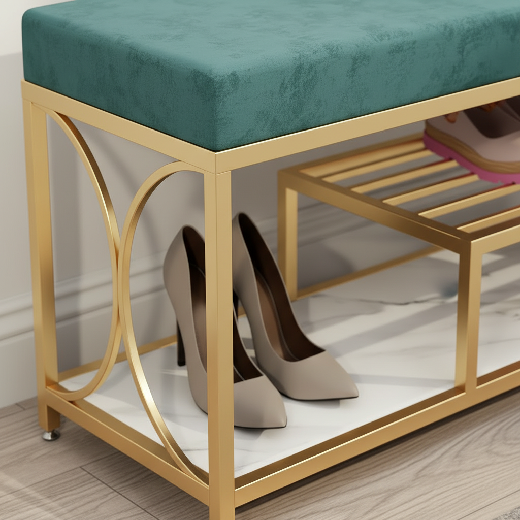 Modern Gold-Framed Teal Velvet Shoe Rack Bench - Image 3