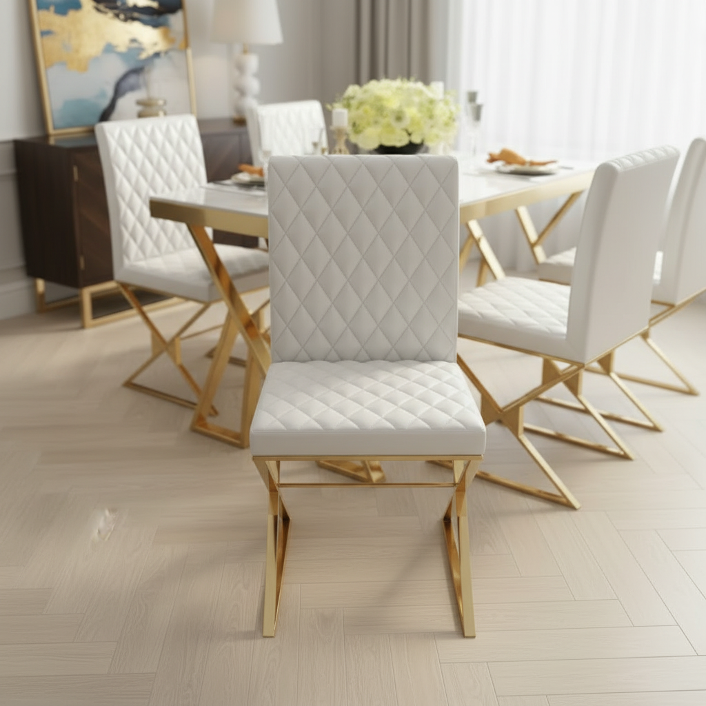 Modern Gold-Framed Marble Table & White Tufted Chairs Dining Set - Image 3