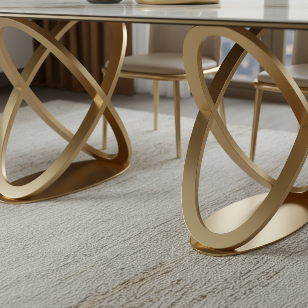 Modern Gold Spiral-Base Marble Table & Beige Leather Chairs Dining Set - Image 3