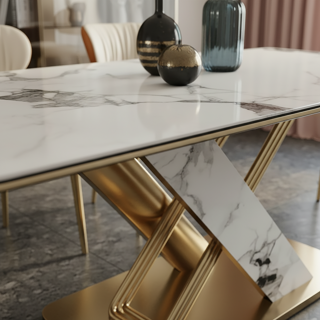 Modern Luxury Marble Dining Table with Gold V-Base - Image 3