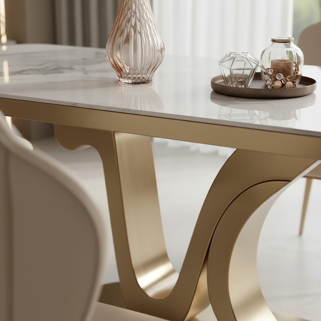 Modern Gold U-Base Marble Dining Table & Petal-Back Chairs Dining Set - Image 3