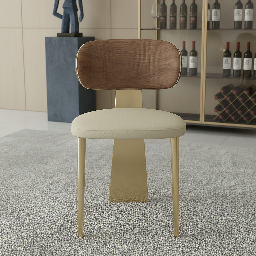 Modern Gold Crescent-Base Marble Dining Table & Two-Tone Leather Chairs Dining Set - Image 3