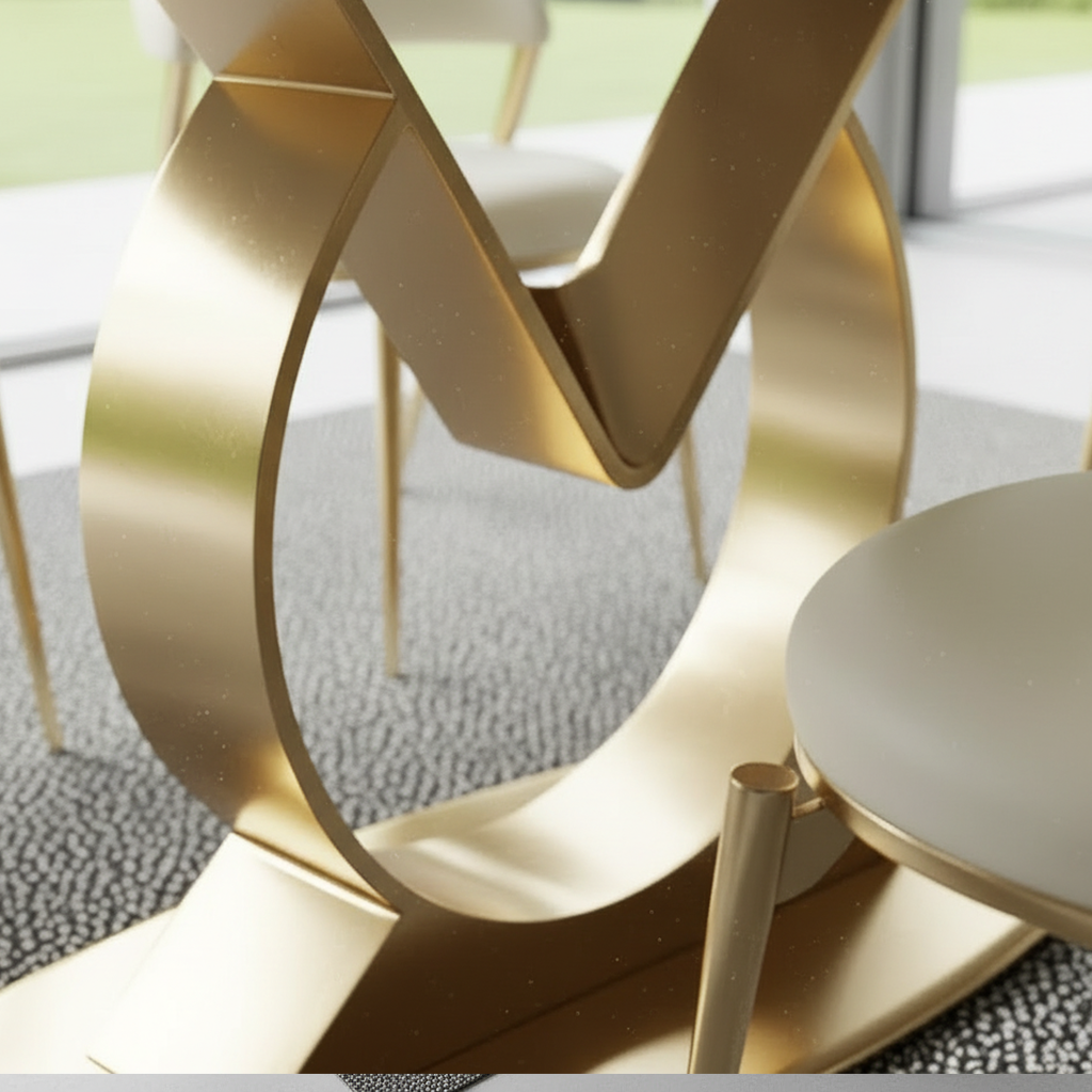Modern Luxury Gold V-Base Marble Dining Table & Cream Curved Chairs Dining Set - Image 3