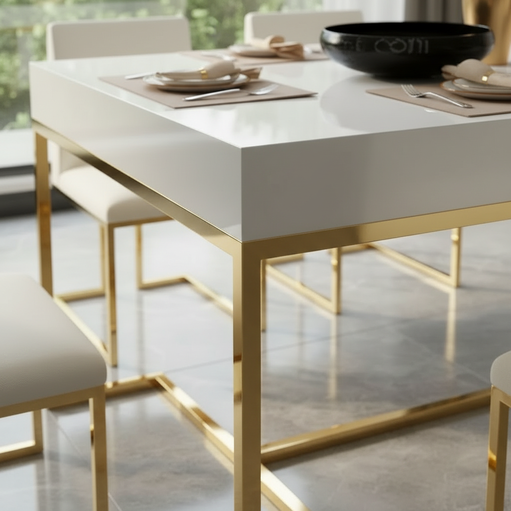 Modern Gold-Framed White Dining Table with Geometric Chairs - Image 3