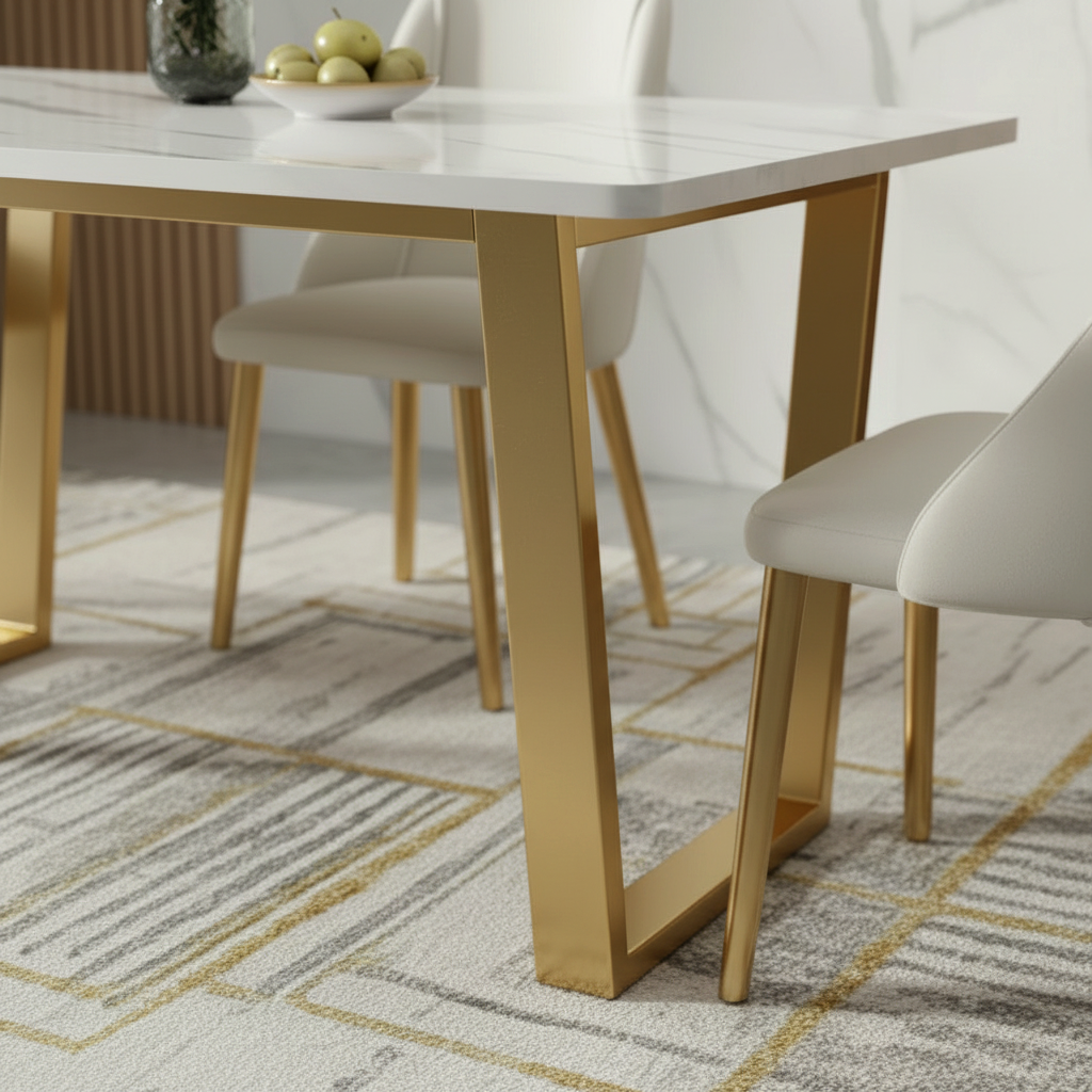 Modern Gold U-Base Marble Dining Table & White Leather Chairs Dining Set - Image 3