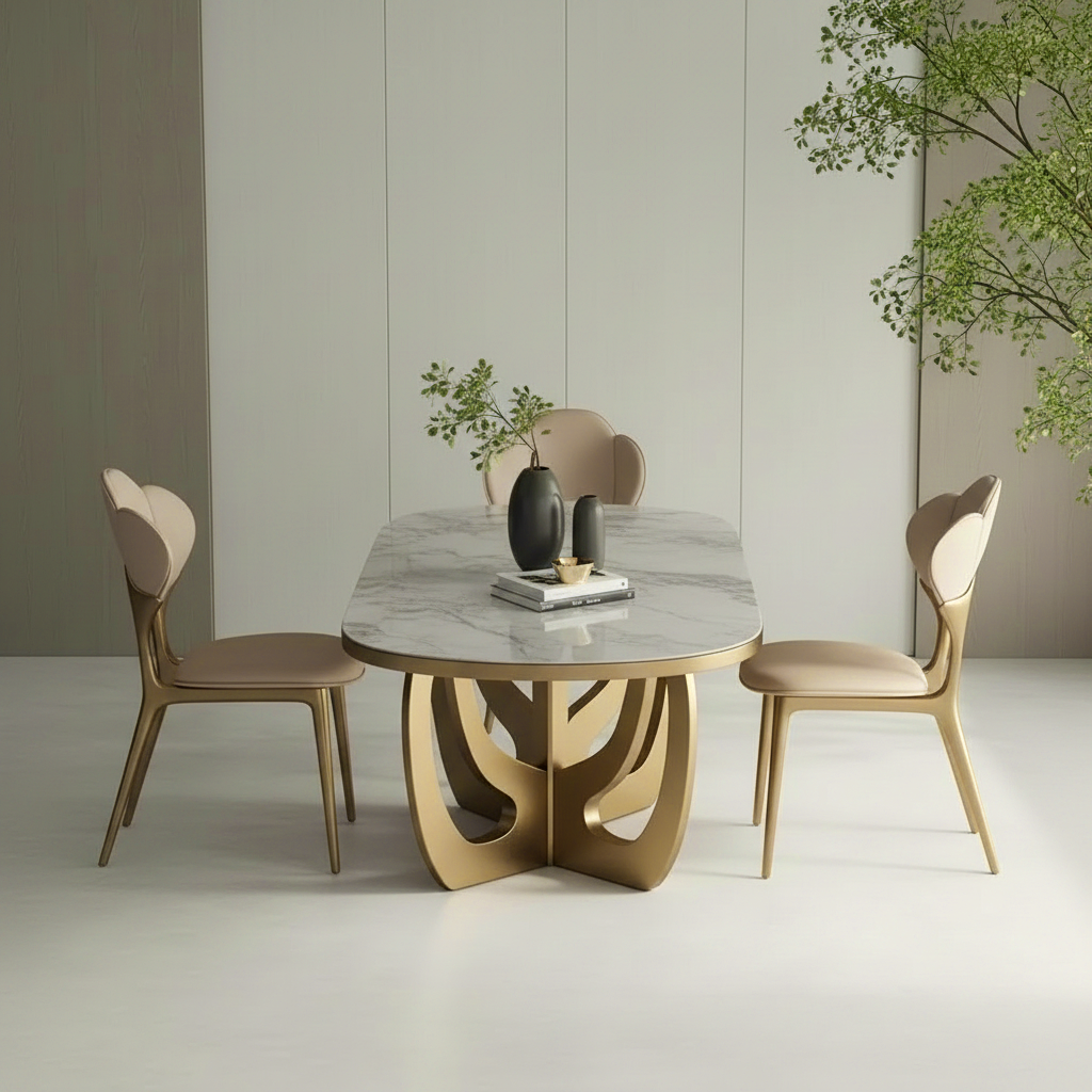 Modern Gold Sculptural-Base Marble Dining Table & Petal-Back Chairs Dining Set - Image 3