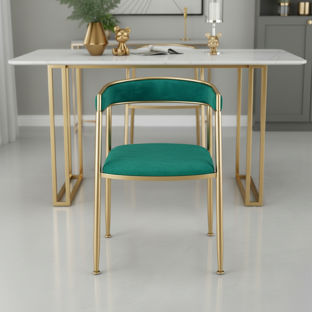 Modern Gold-Framed Marble Dining Table & Multi-Color Velvet Chairs Dining Set - Image 3
