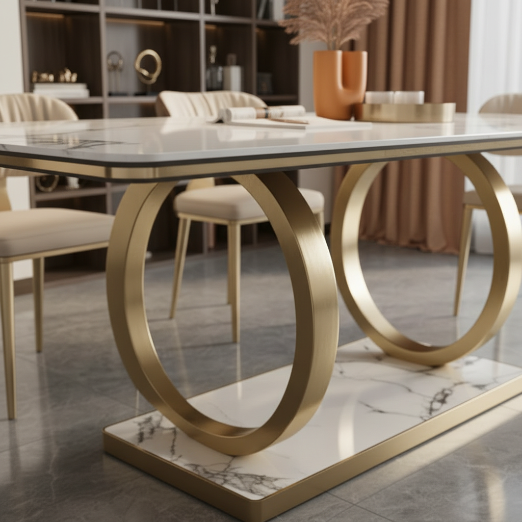 Modern Gold Double-Ring Base Marble Dining Table & Two-Tone Chairs Dining Set - Image 3