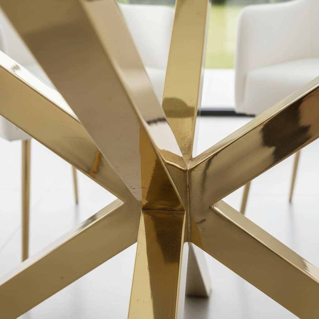 Modern Gold Star-Base Glass Dining Table & White Leather Chairs Dining Set - Image 3