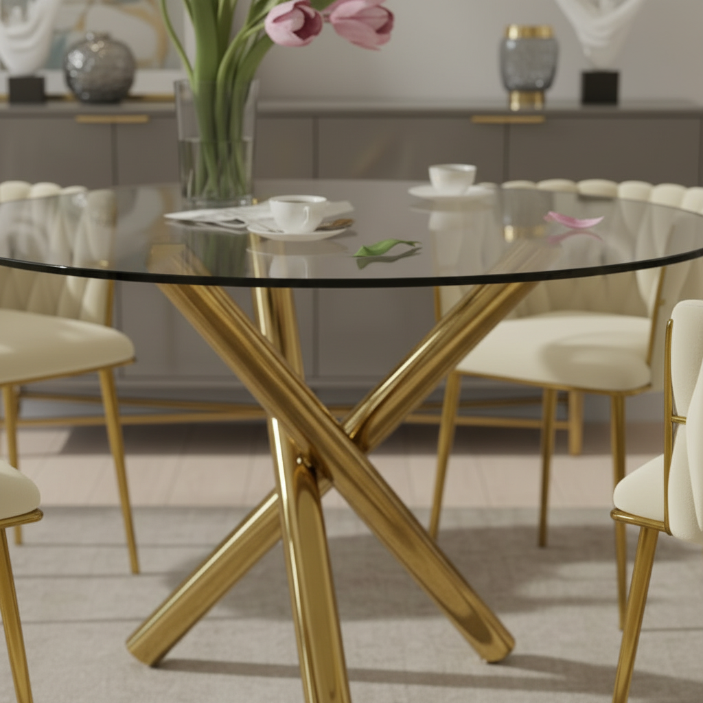 Modern Gold Base Glass Dining Set – Cream Padded Chairs - Image 3