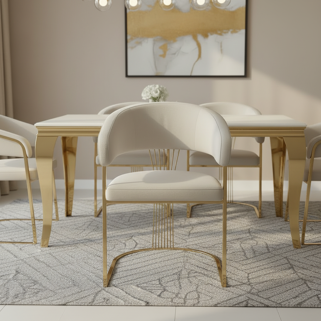 Modern Luxury Gold Tapered-Leg Dining Table & Wire-Base Chairs Dining Set - Image 4