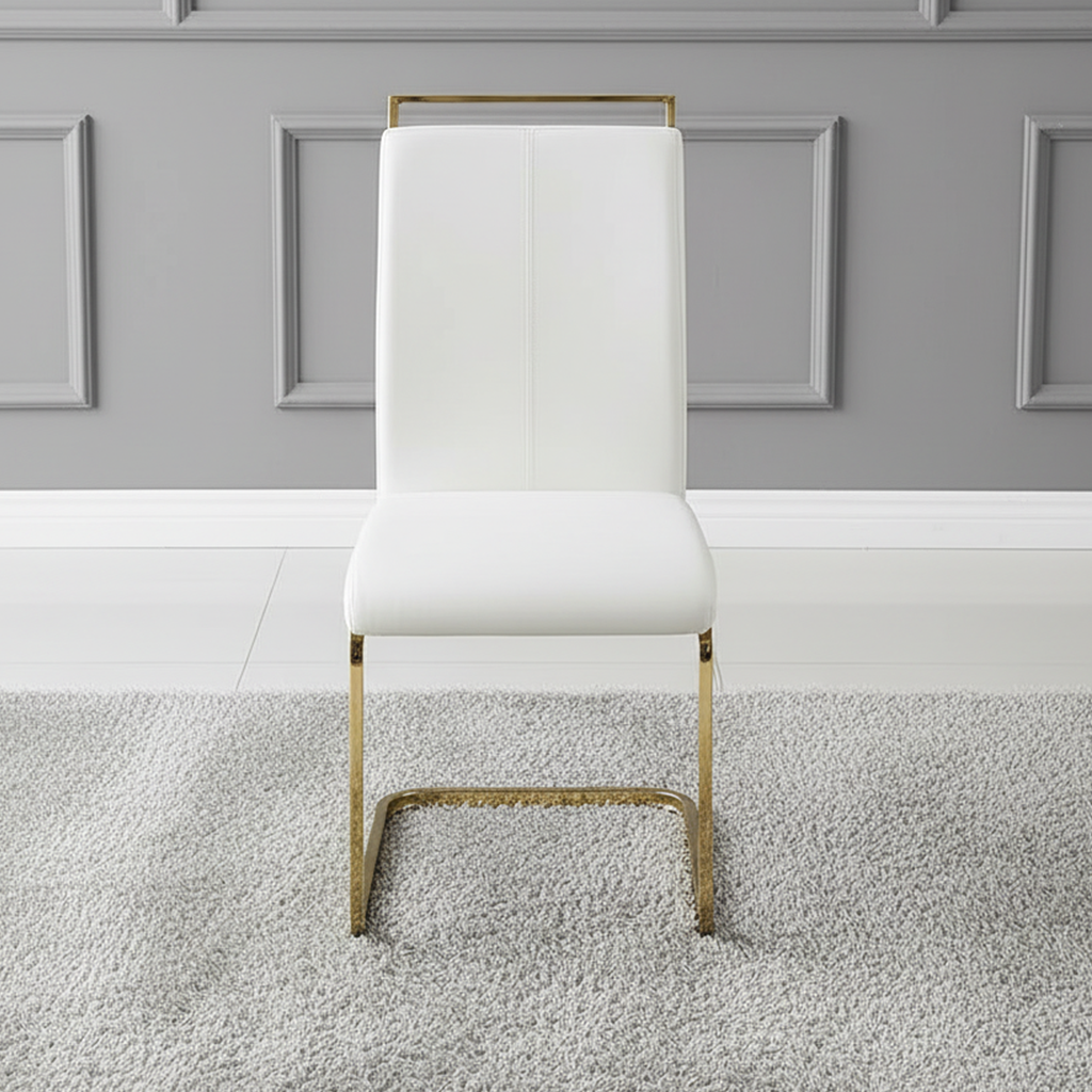 Modern Luxury Gold Waterfall-Base Glass Dining Table & White Cantilever Chairs Dining Set - Image 3