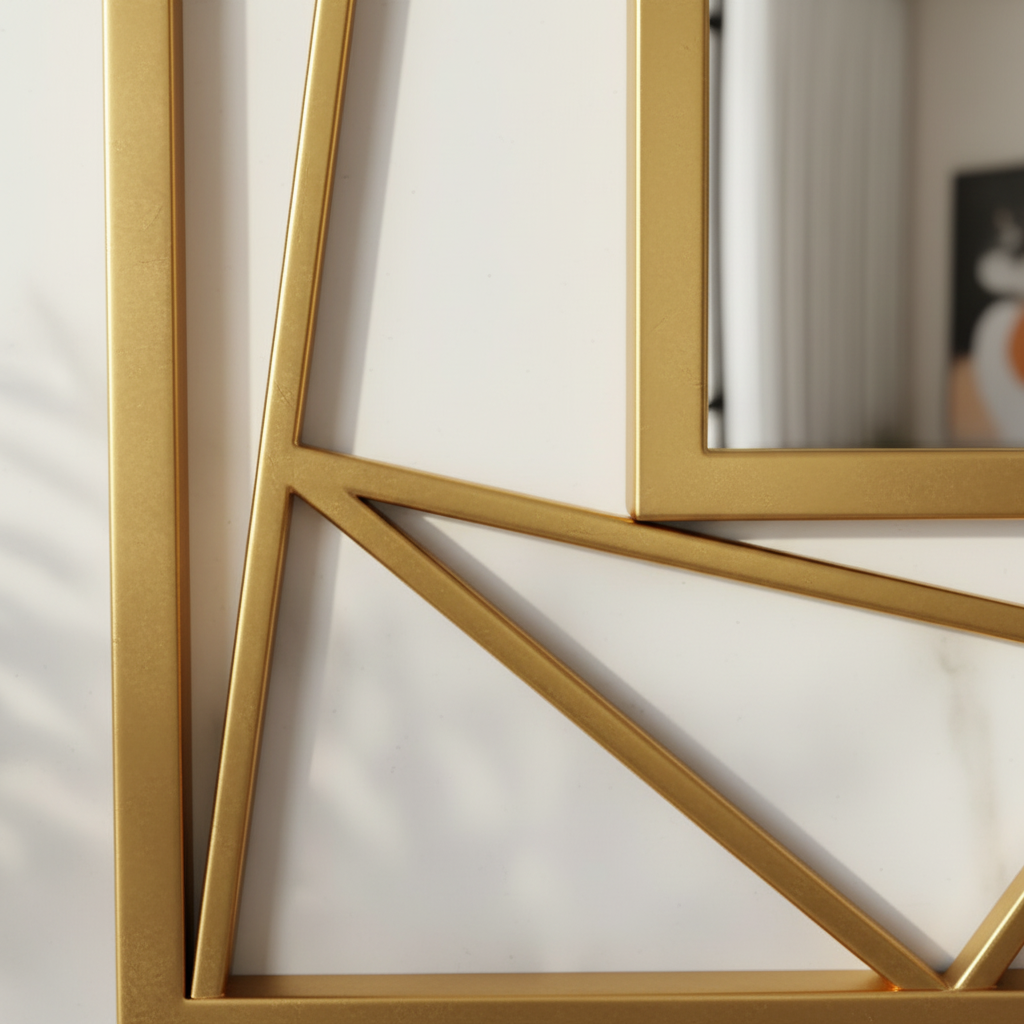 Large Rectangular Gold Wall Mirror with Modern Geometric Grid Frame - Image 3
