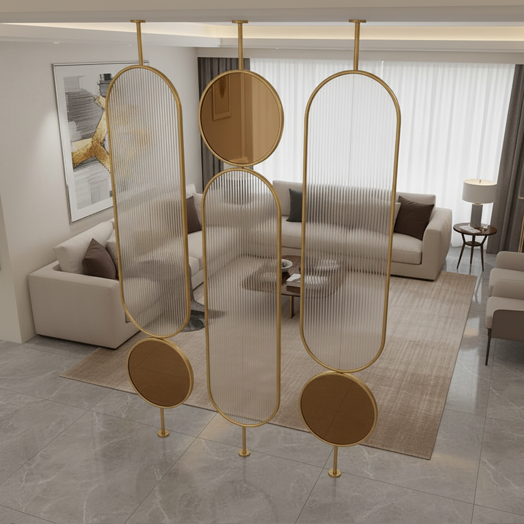 Geometric Multi-Panel Glass Partition – Contemporary Gold Frame Modular Divider - Image 3
