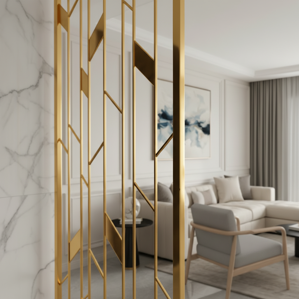 Contemporary Abstract Line Gold Partition – Decorative Metal Open-Frame Entryway Screen - Image 3