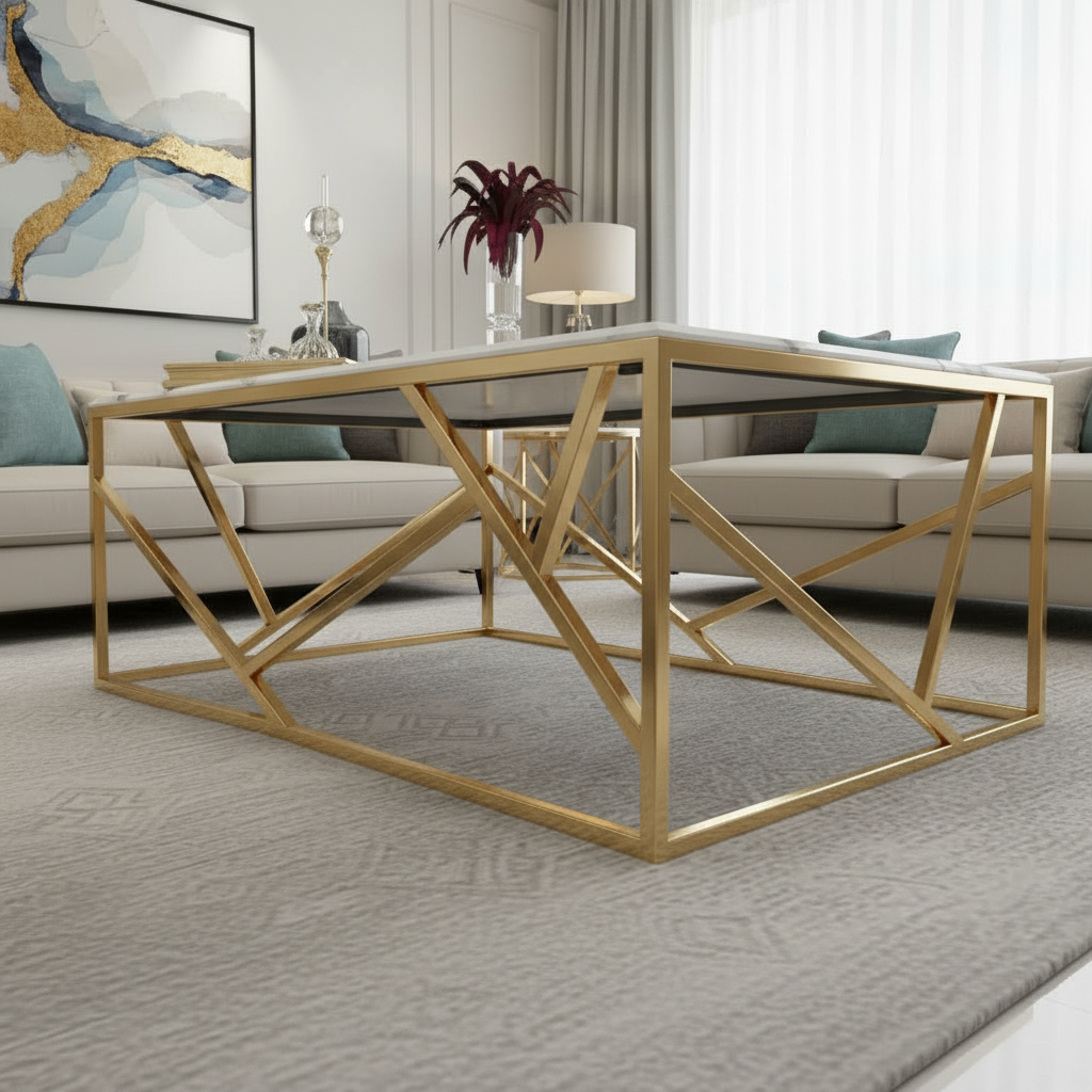 Modern Gold Geometric Diamond-Base Marble Coffee Table - Image 4