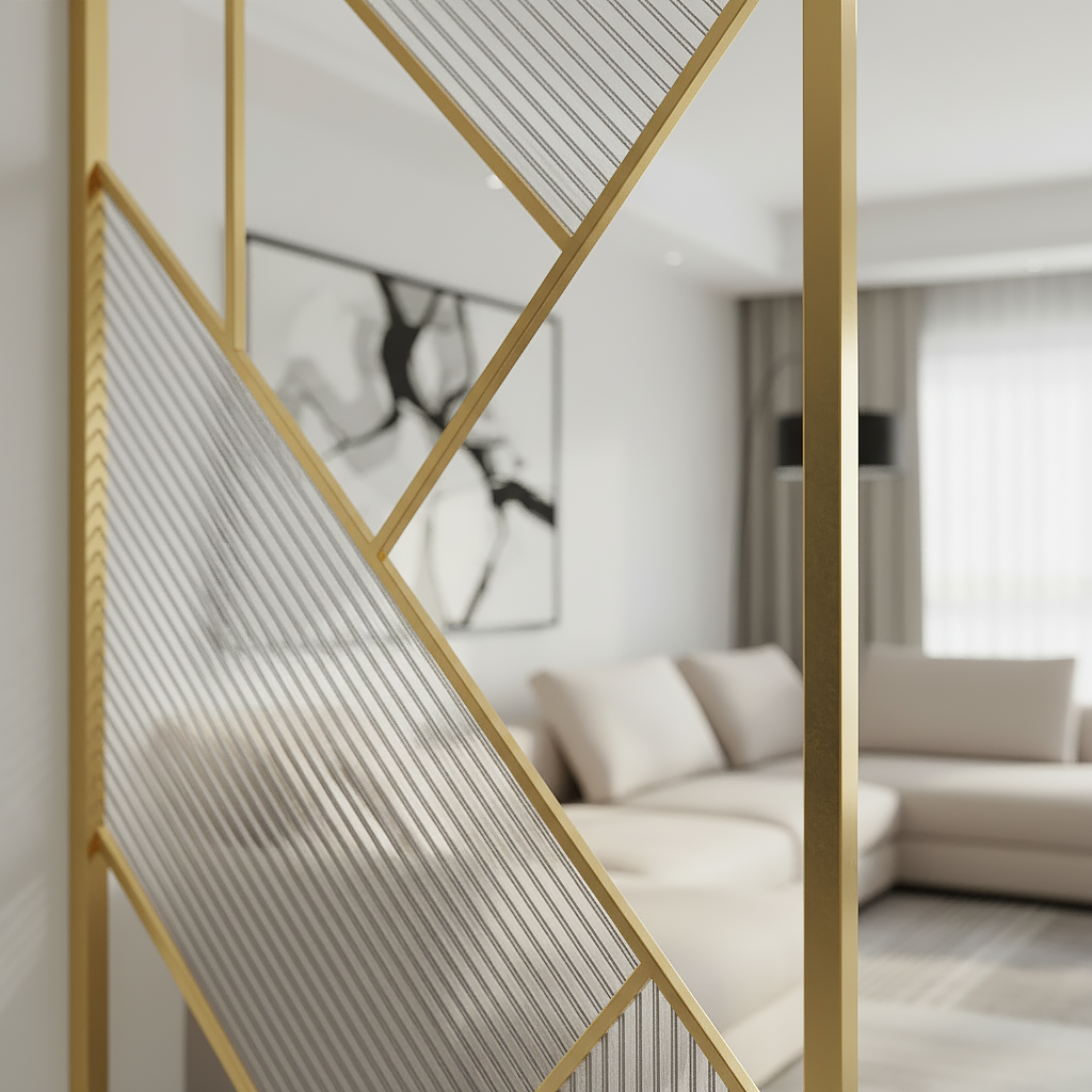 Modern Gold Abstract Room Divider – Luxury Fluted Glass Partition with Geometric Metal Frame - Image 3