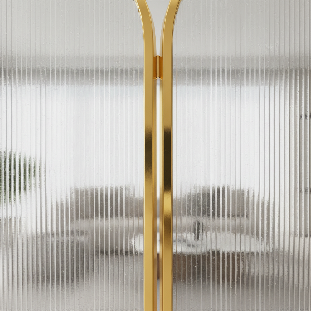 Modern Gold Abstract Room Divider – Luxury Fluted Glass Partition with Geometric Metal Frame. - Image 3