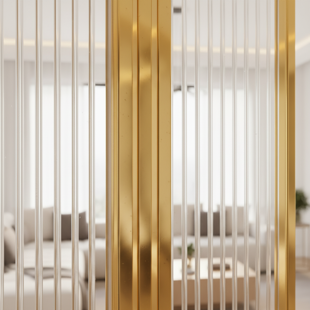 Modern Gold Capsule Room Divider – Luxury Fluted Glass Privacy Screen with Arch Design - Image 4