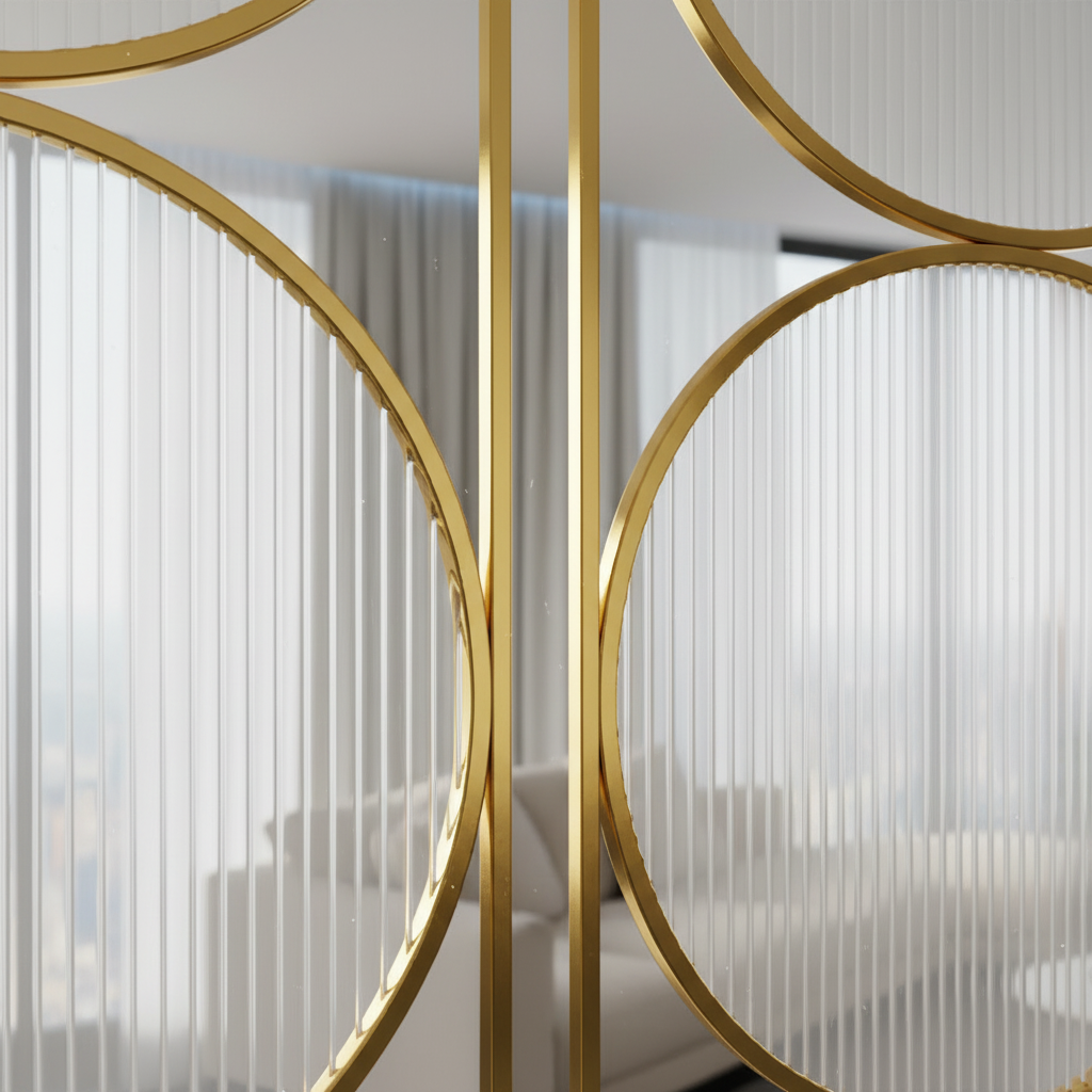 Modern Gold Circular Glass Room Divider – Luxury Fluted Glass Partition with Geometric Frame - Image 3