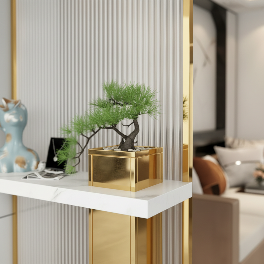 Modern Gold Entryway Partition – Luxury Fluted Glass Room Divider with Marble Console Shelf - Image 3