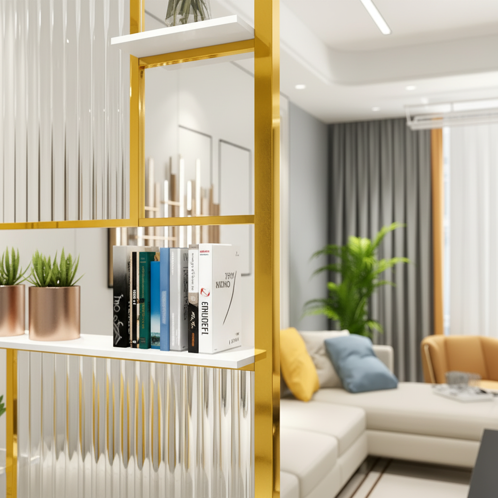 Modern Gold Entryway Partition – Luxury Fluted Glass Room Divider with Integrated Display Shelves - Image 4