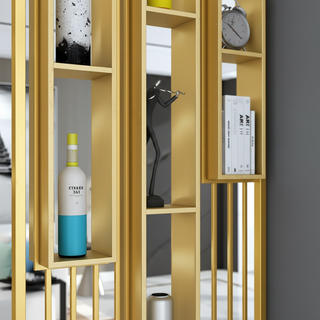 Modern Gold Slat Room Divider – Luxury Metal Partition with Integrated Display Shelves - Image 3