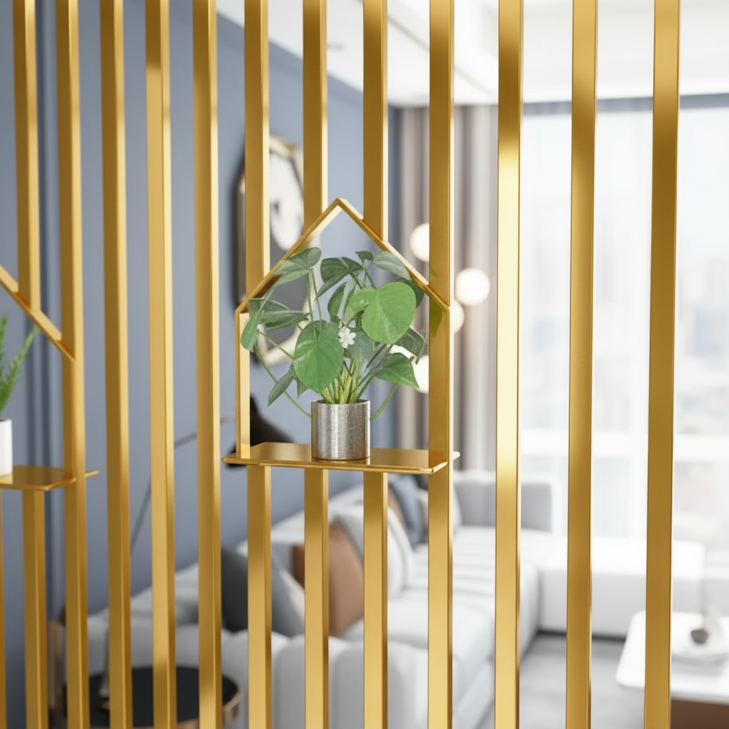 Modern Gold Slat Room Divider – Luxury Metal Partition with Integrated Geometric Plant Shelves. - Image 3