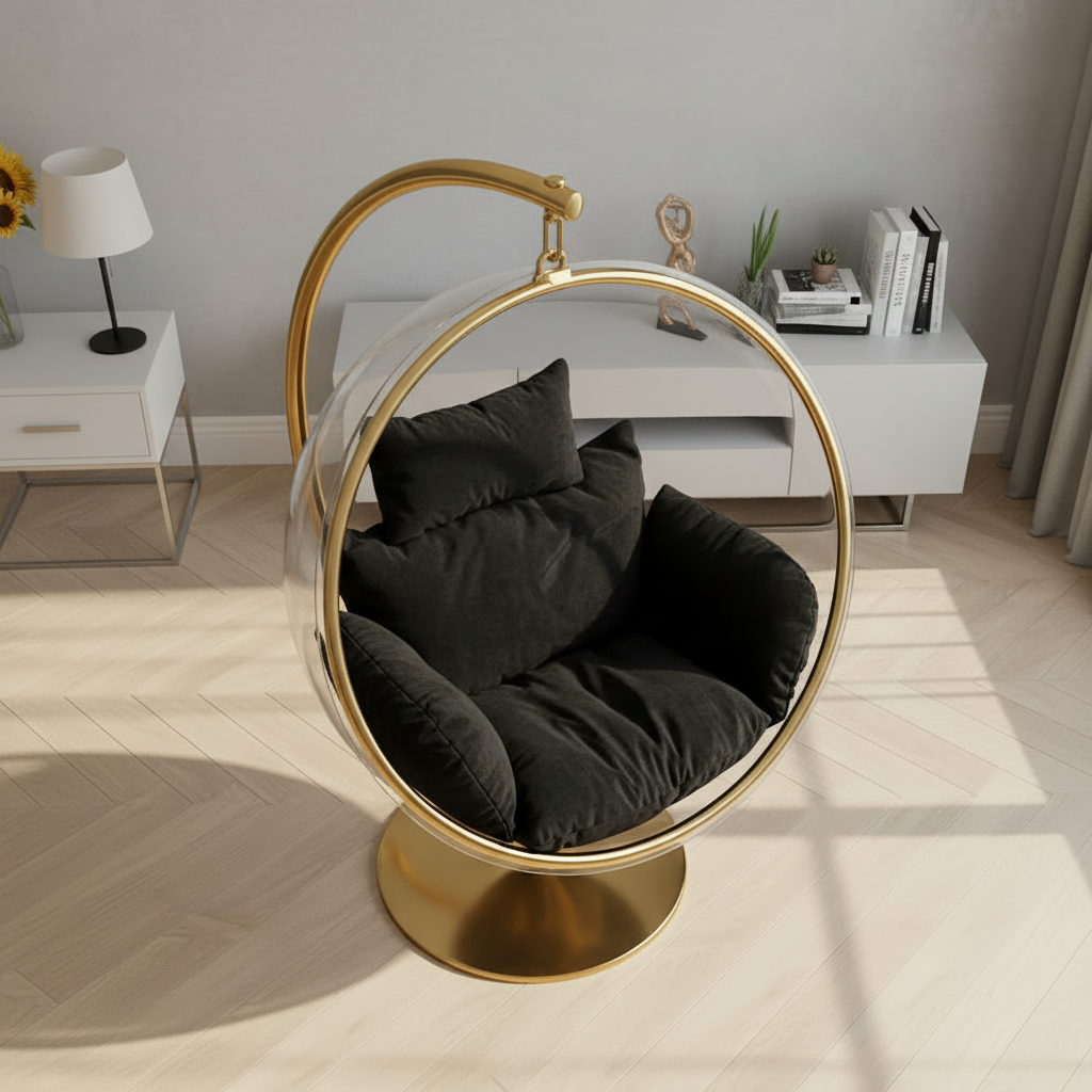 Modern Gold Bubble Swing Chair – Luxury Transparent Acrylic Hanging Globe Chair with Stand - Image 3