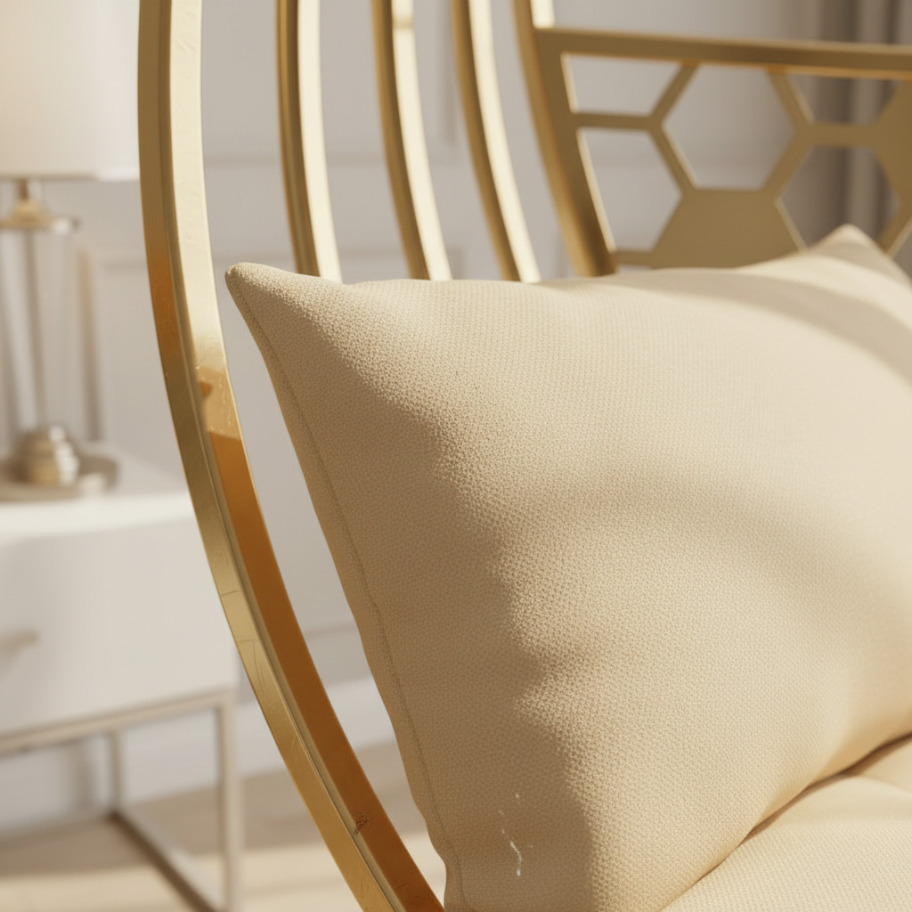 Elegant Gold Orbital Swing Chair – Luxury Metal Frame Hanging Chair with Honeycomb Pattern Back. - Image 3