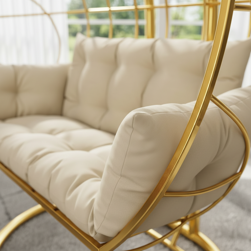 Modern Stainless Steel Indoor Hanging Bench with Premium Beige Cushions & Dual Stand Support - Image 3